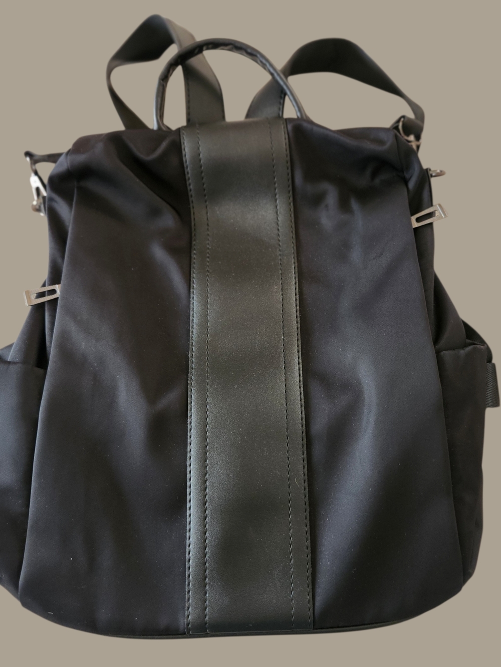 Unisex Black Backpack with Central Leather Trim